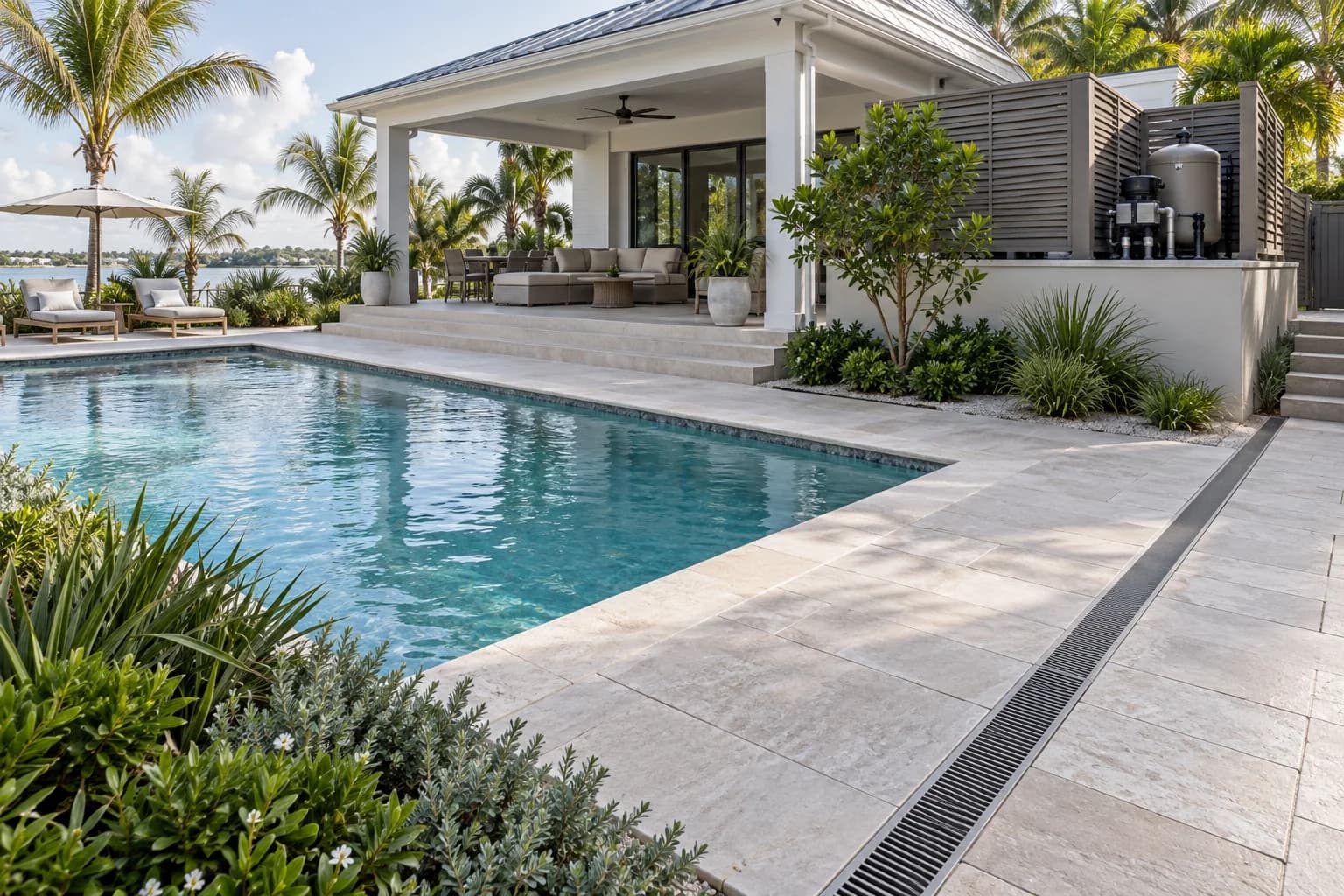 Warm coastal-region pool with covered seating, raised equipment, durable planting, and deck drainage