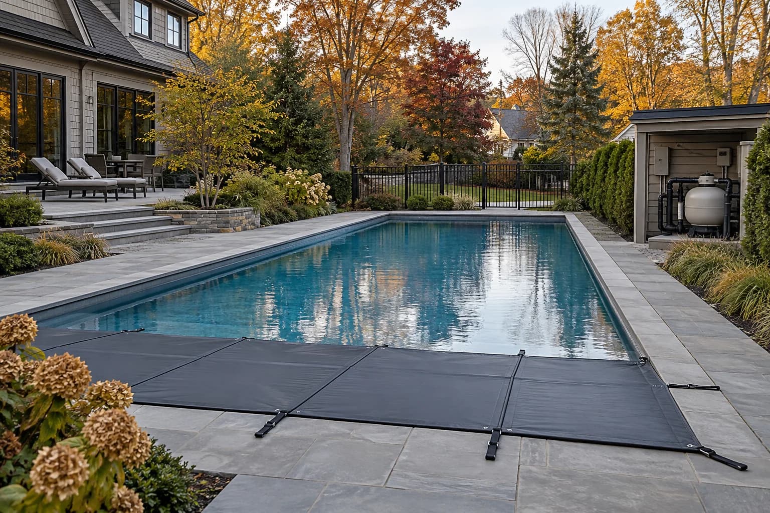 Four-season backyard pool with fitted cover, closed perimeter gate, autumn planting, and equipment access