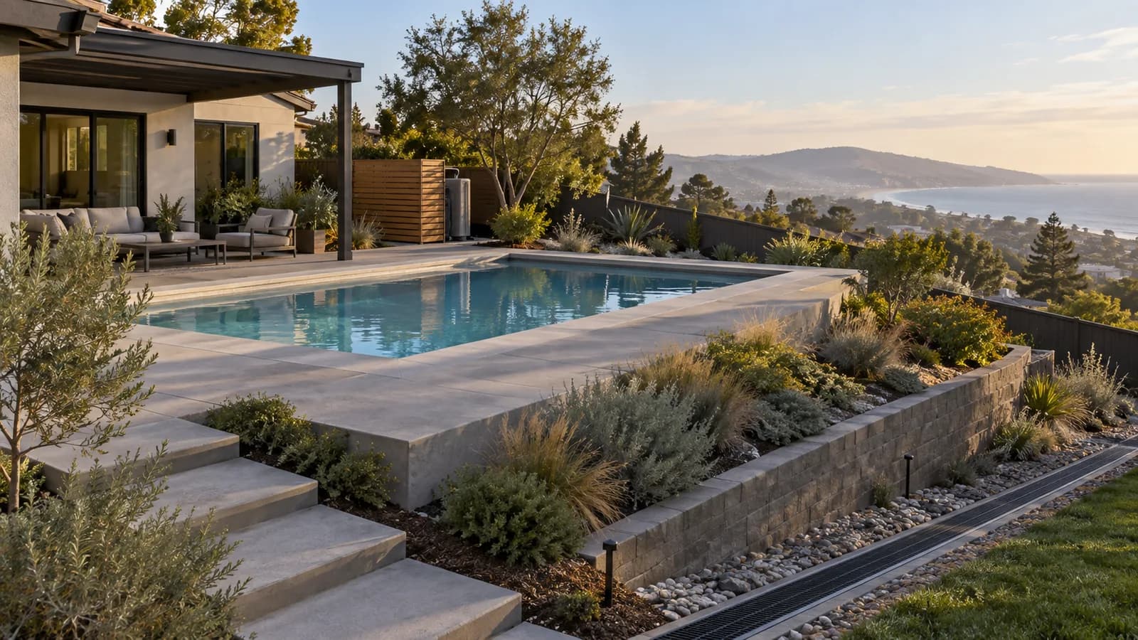Pacific-region residential pool on a sloped site with retaining, drainage, shade, and water-conscious planting