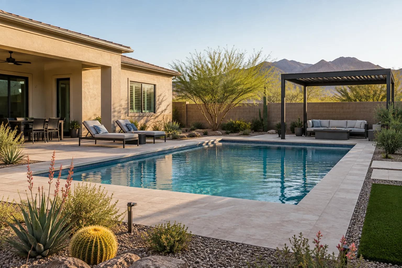 Warm-climate backyard pool with shaded seating and practical hardscape